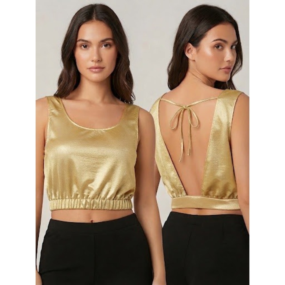 Double Zero Gold Metallic Open Back Tie Crop Top Sleeveless Blouson Lrg Holiday